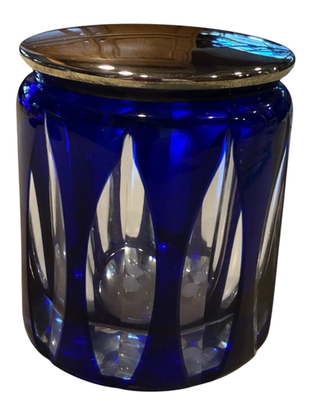 Plata Lappas Argentina Cobalt Blue Cut to Clear Crystal Vanity Jar Silver Plate